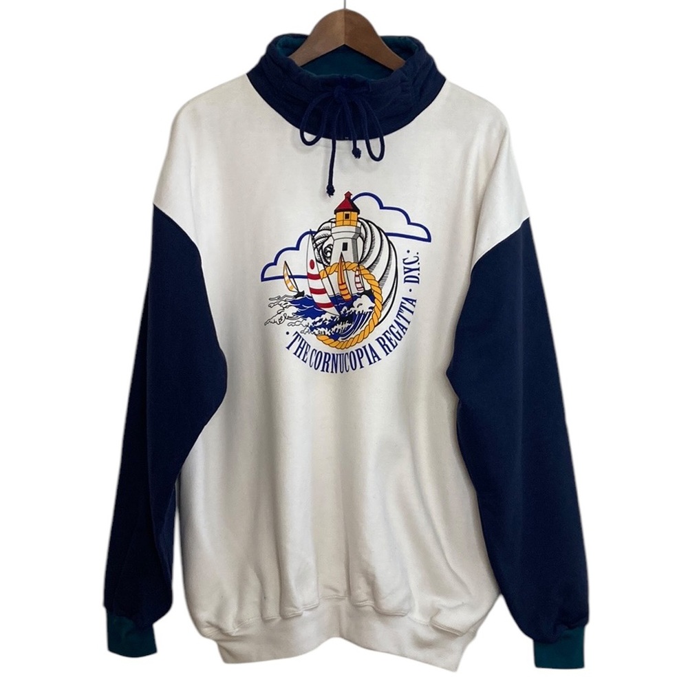 Vintage Sweatshirt Mens XL Blue White Fleece Nautical Regatta Sailing Retro